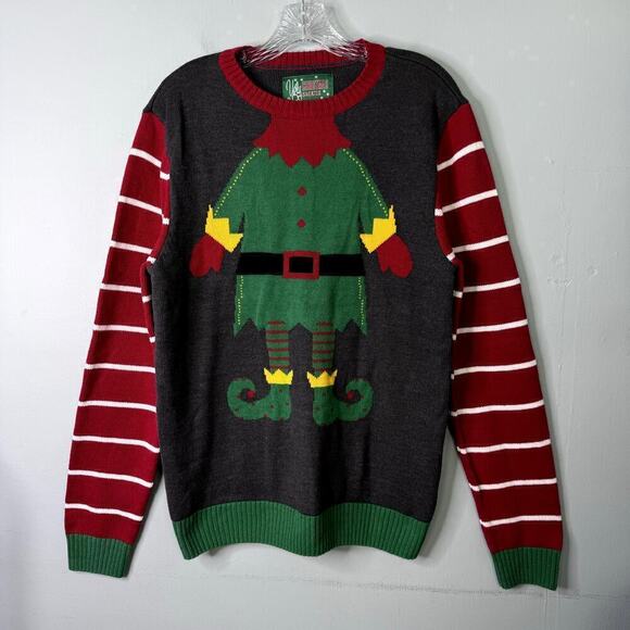 Ugly Christmas Sweater ELf Yourself Unisex Crewneck Sweater Gray Red Green Sz L - Picture 1 of 9